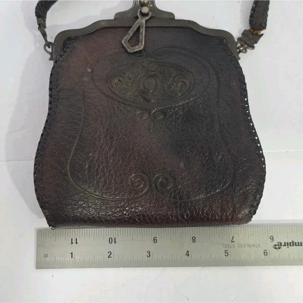 Antique Nocona Hand Tooled Leather Purse Bag Suede Lined Circa 1918 Western Bag